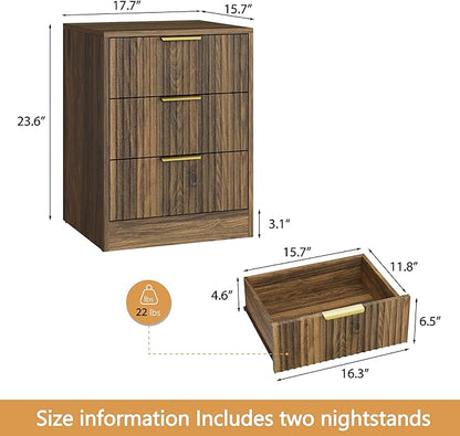 3-Piece Modern Bedroom Furniture Set, Wide 8-Drawer Dresser & 3-Drawer Nightstands Set of 2, Natural Wood Dresser and Nightstand Sets for Bedroom, Hallway, Walnut