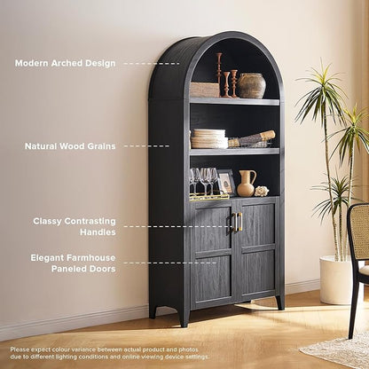mopio Lauren 77.4" Tall Arched Cabinet, 5-Tier Arched Bookcase with Doors and Adjustable Shelves, Arch Bookshelf with Storage, Wooden Storage Cabinet for Living Room and Kitchen Pantry (Black)