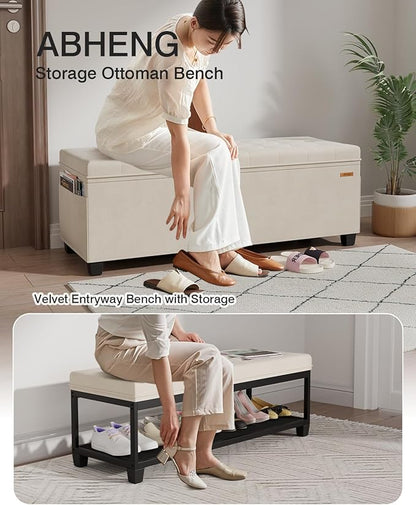 Velvet Storage Ottoman Bench, End of Bed Bench with Legs, Large Entryway Bench, Foot Rest Stool, Tea Table for Bedroom, Living Room, Loads 770 lb, 15.7"L x 43"W x 15.7"H, Cream White, UASND62W