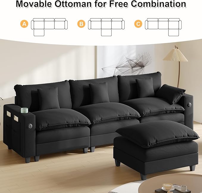 Cloud Couch, Modular Sectional Sofa with Ottoman, Charging Station, Throw Pillows, Cup Holders, Modern Convertible L Shaped Couches for Living Room, Bedroom (Classic Black, 116"- L Shape)