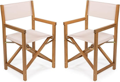 JONATHAN Y DRC1000B-SET2 Cukor Classic Vintage Outdoor Acacia Wood Folding Director Chair with Canvas Seat Classic, Vintage, Mid-Century, Modern, Traditional, Coastal, Beige/Teak Brown (Set of 2)