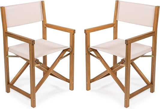 JONATHAN Y DRC1000B-SET2 Cukor Classic Vintage Outdoor Acacia Wood Folding Director Chair with Canvas Seat Classic, Vintage, Mid-Century, Modern, Traditional, Coastal, Beige/Teak Brown (Set of 2)