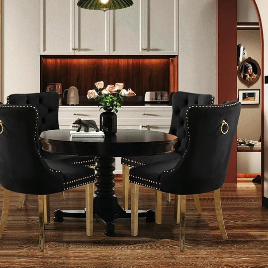 Velvet Upholstered Dining Chairs Set of 4, Modern Style Kitchen Side Chairs with Nailhead Trim and Gold Plated Leg, Metal Pulling Ring for Dining Room Living Room(Black,Set of 4)