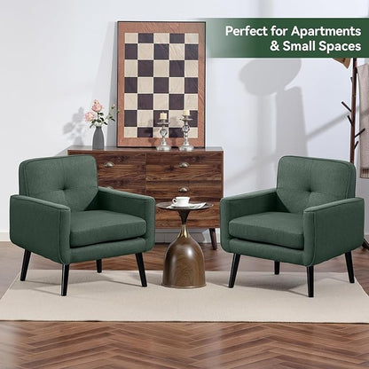 Accent Chair Set of 2, Fabric Modern Chair with Wooden Frame, Cozy Armchair Reading Chair with Comfy Back for Apartment, Living Room, Bedroom, Waiting Room, Small Space, Corner, Green