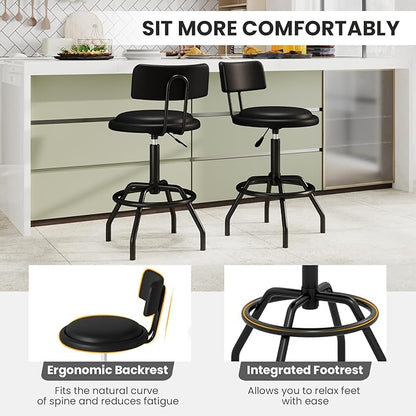 COSTWAY Adjustable Height Bar Stools Set of 2, 360 Degree Swivel, Modern Guitar Stool for High Ergonomic Seating, with PU Leather Cushion, Heavy Duty Steel Frame for Bar, Shop and Music, Garage, Black