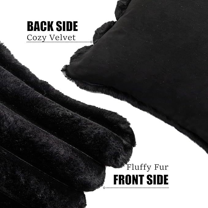 Neelvin Black Faux Fur Cozy Soft Striped Decorative Throw Pillow Covers 12x20 inch Set of 2,Velvet Pillowcase Cushion Case for Sofa Couch