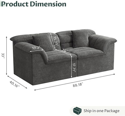 88" Sofa with Deep Seats Oversize, 3 Seater Cloud Couches, Upholstered Corduroy Couch for Living Room Bedroom, No Assembly Required, Dark Gray