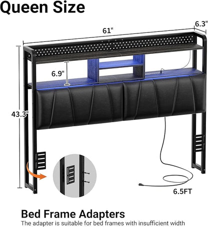 Unikito Headboard for Queen Size Bed Frame, Upholstered Head Board with Outlets, USB Ports and LED Light, Comfortable Leather Headboards with Storage Shelf, Sturdy Queen Bed Headboard Only, Black Oak