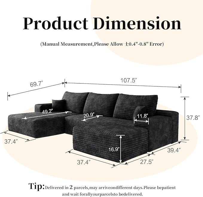 107.5" Compressed Boneless Couch with Ottoman, 2 Seater Large U Shaped Sectional Couches for Living Room, Black Corduroy Cloud Modular Sectional Sofa, Memory Foam, No Assembly，Light Facing Chaise