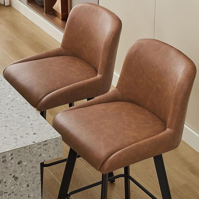 Swivel Bar Stools Set of 3, 30''H Upholstered Barstools with Backs, Modern Counter Height Bar Stool Chairs for Kitchen Island, Metal Legs, Faux Leather, Brown Counter Stools