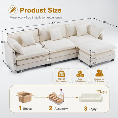111.4" Cloud L Shaped Sectional Couch with Ottoman｜Modular Chenille Sofa with 29.1" Deep Seat｜FSC Solid Wood Frame｜Easy Assembly & 1YR Guarantee｜for Living Room Bedroom Apartment