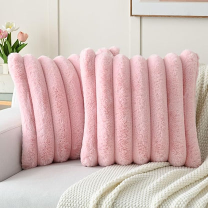 FUTEI Pink Decorative Throw Pillow Covers 20x20 Inch Set of 2, Square Soft Faux Rabbit Fur Thick Striped Cushion Cover,Winter Home Decor for Couch Bed Living Room
