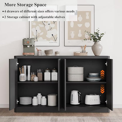 Fluted Buffet Cabinet with Storage, 120"Sideboard Buffet Cabinet with 8 Door, Modern Credenza Storage Cabinets with Adjustable Shelves, Solid Wood Handles for Kitchen, Dining, Living Room, Black(2PC)