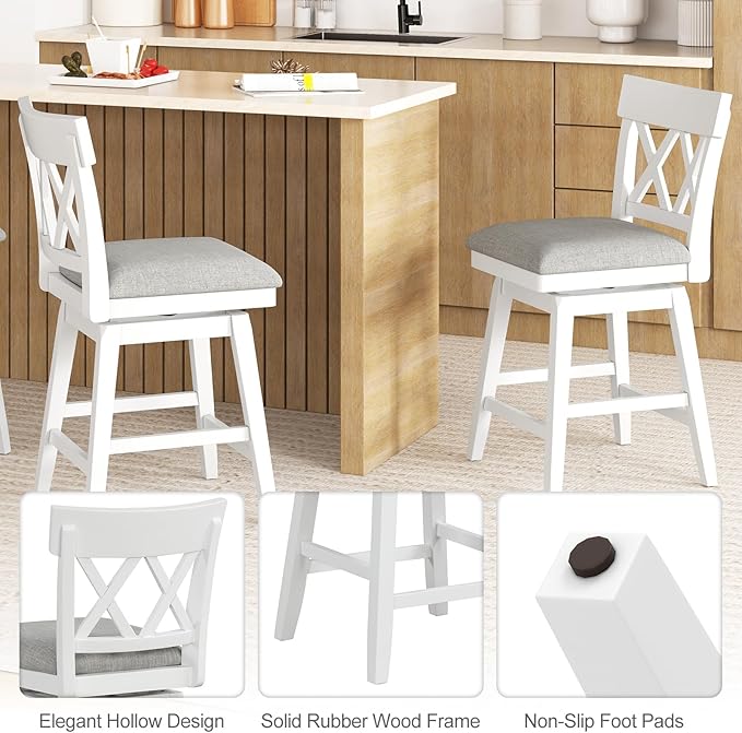 COSTWAY Bar Stool for Kitchen Island, 26" Counter Height Chair with Ergonomic Backrest, Foot Rest, Padded Seat & Solid Wood Structure, 360°Swivel Farmhouse Barstool with Back