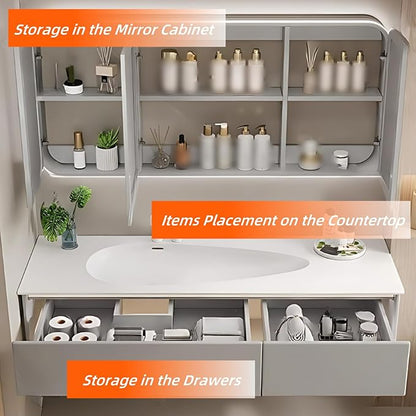 56IN Grey Bathroom Vanity Set - Floating Bathroom Vanity with Single Sink | Including LED Smart Defogging Mirror Cabinet & Time Display Function, Equipped with Motion Sensing Light Strip (Style A)