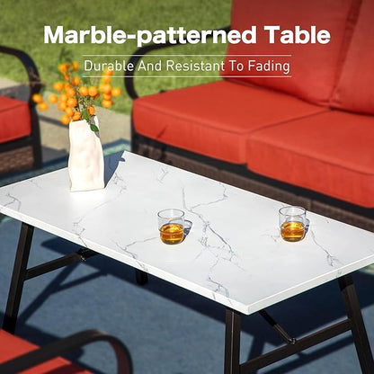 5 Piece Metal Outdoor Patio Furniture Set, Patio Conversation Sets with 3-Seater Sofa, Loveseat, 2 Fixed Sofa (5.75" Thick Cushion) & Coffee Table Black Backyard Furniture, Rust Red