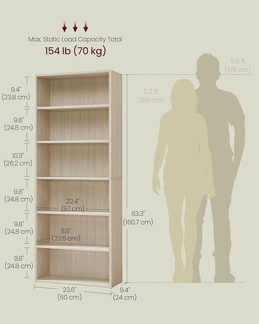 VASAGLE Custos Collection - Bookshelf, 6-Tier Bookcase, Book Shelf, Open Storage Shelf, 9.4 x 23.6 x 63.3 Inches, for Living Room, Home Office, Dinning Room, Natural Beige ULBC166L01