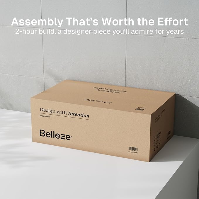 BELLEZE Modular Sideboard Buffet Cabinet with Storage, 35 Inch Modern Credenza with Doors and Adjustable Shelves, Fluted Black Console Table with Faux Marble Panel for Kitchen, Entryway, Dining Room
