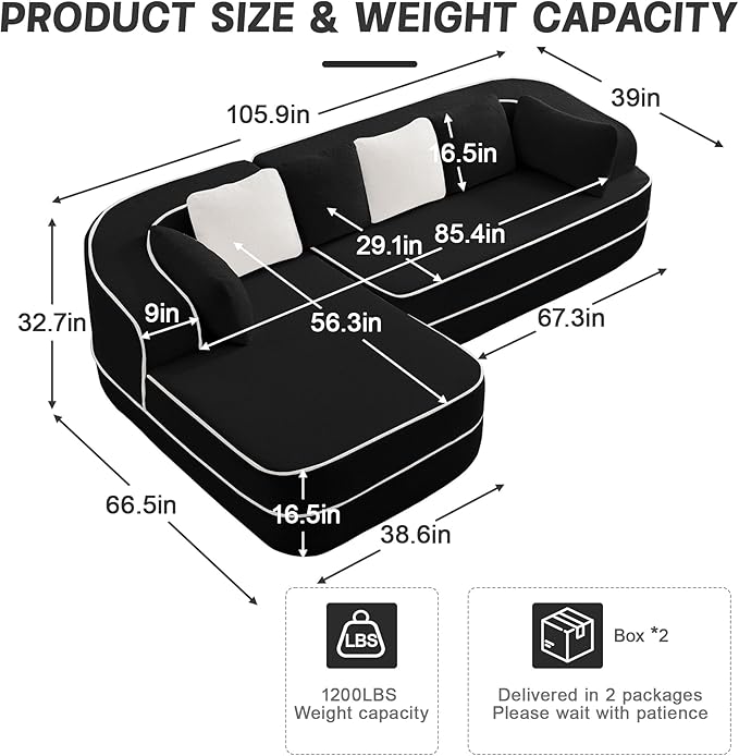 Cloud Sectional Sofa Modern Boneless Couch for Living Room, Comfy Deep Seat Comfy Teddy Fabric Double Sofa Chaise No Assembly Required (Black, 106" L Shape with Left Facing)