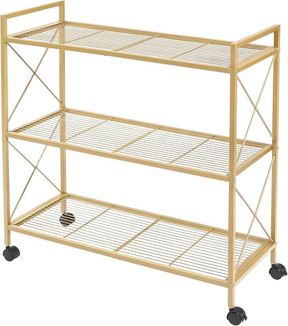 SONGMICS 3-Tier Metal Storage Rack with Wheels, Mesh Shelving Unit with X Side Frames, 31.5-Inch Width, for Entryway, Kitchen, Living Room, Bathroom, Industrial Style, Metallic Gold UBSC183A01