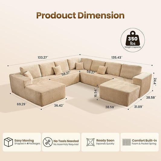 Cloud Sectional Couch with Chaise, Boneless U-Shaped Cloud Couch with Deep Seat, Soft Plush Modern Minimalist Sofa, Assembly Free Modular Floor Sofa for Office Living Room Apartment, Beige