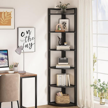 Tribesigns 6 Tier Corner Shelf, 70.9 Inch Tall Corner Bookshelf Small Bookcase Modern Corner Shelving Unit Storage Rack for Living Room, Home Office, Kitchen, Small Space (Black)
