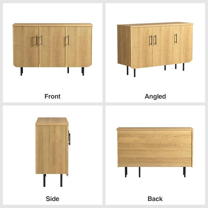 Modern Fluted Natural Storage Cabinet with 3 Doors, Adjustable Shelves, and Metal Legs, Accent Buffet Sideboard for Living Room, Dining Room, Entryway (Natural & Black)