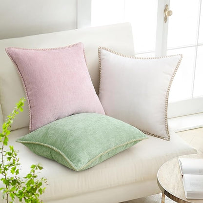 decorUhome Chenille Soft Throw Pillow Covers 16x16 Set of 2, Farmhouse Velvet Neutral Decorative Euro Pillow Covers with Stitched Edge for Couch Sofa Bed Home Decor, Cream White