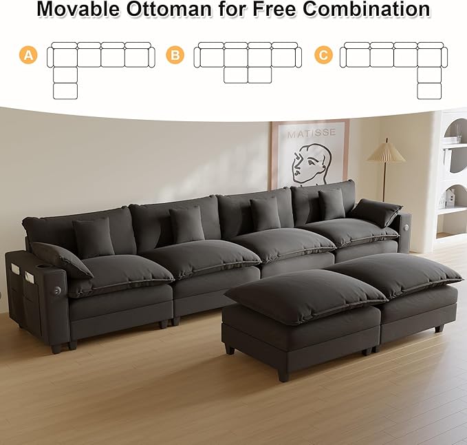 Cloud Couch, Modular Sectional Sofa with Ottoman, Charging Station, Throw Pillows, Cup Holders, Modern Convertible L Shaped Couches for Living Room, Bedroom (Classic Black, 152"- U Shape)