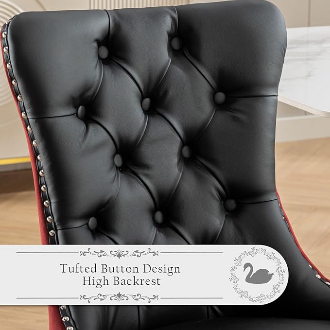 Leather Upholstered Dining Chairs Set of 6, Modern Style Kitchen Side Chairs with Nailhead Trim and Wood Leg, Metal Pulling Ring for Dining Room Living Room(Black&Wine Red)
