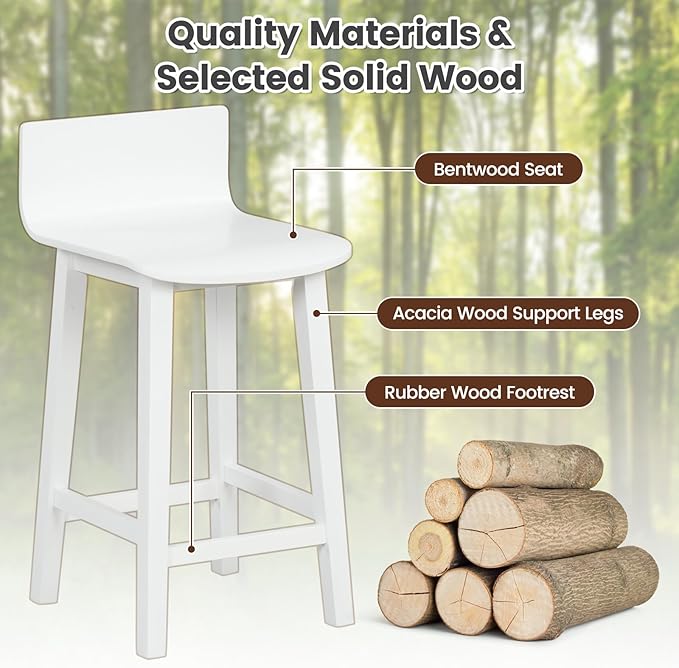 COSTWAY Solid Wood Bar Stools Set of 2, 24.5-inch Counter Height Chairs with Low Back and Footrest, Farmhouse Wooden Armless barstools for Kitchen Island, Dining Room, Cafe, Breakfast, White