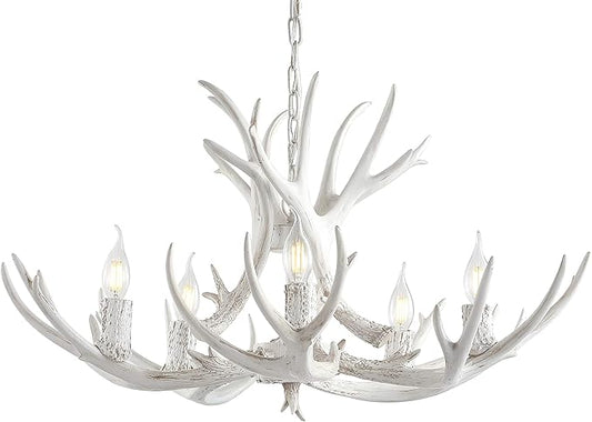 JONATHAN Y JYL6300B Eldora 30" Adjustable Resin Antler 5-Light LED Chandelier, Glam, Rustic,Cottage,Transitional, Dimmable Dining Room, Living Room, Kitchen, Foyer, Bedroom, White