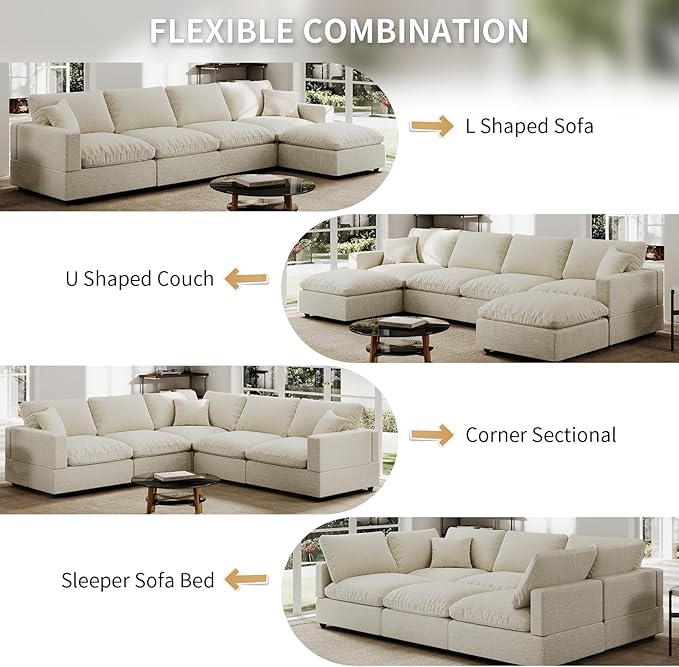 Modern Sectional Linen Couch for Living Room V-Shape Sofas,4 Seat Modular Cloud Sofas,Couches Cushion Covers Removable,Cozy Feather Down Sofa for Apartment Beige