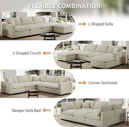 Modern Sectional Linen Couch for Living Room V-Shape Sofas,4 Seat Modular Cloud Sofas,Couches Cushion Covers Removable,Cozy Feather Down Sofa for Apartment Beige