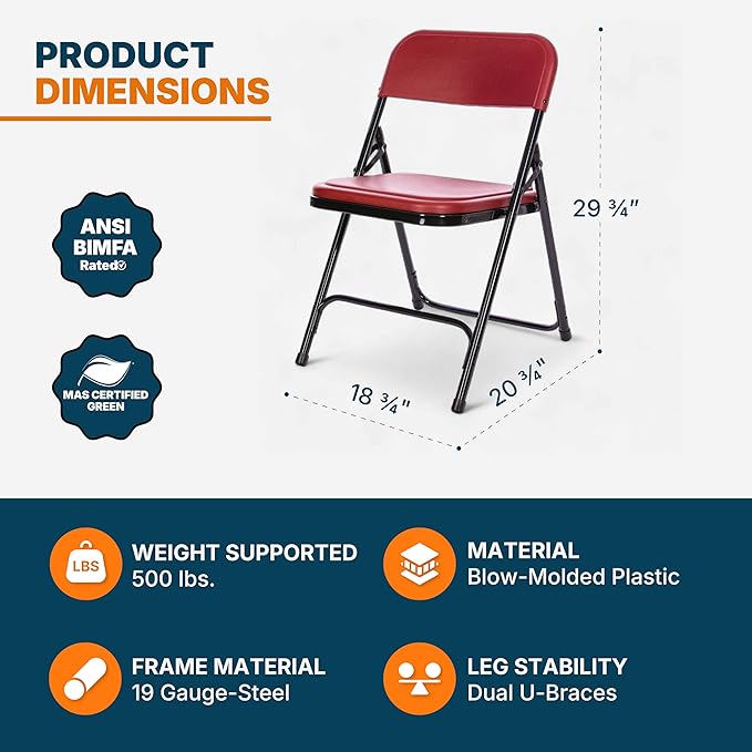 OEF Furnishings OEF800 Series Premium Heavy-Duty Plastic Folding Chairs, Lightweight, Durable Seating for Indoor and Outdoor Use, 500 lb Capacity (4-Pack, Red Plastic with Black Frame)