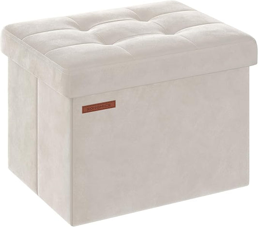 SONGMICS Storage Ottoman, Foldable Small Ottoman Foot Rest, 12.2 x 16.1 Inches Foot Stool, OAD up to 286 lb, for Living Room, Bedroom, Dorm, Cream White ULSF200W01