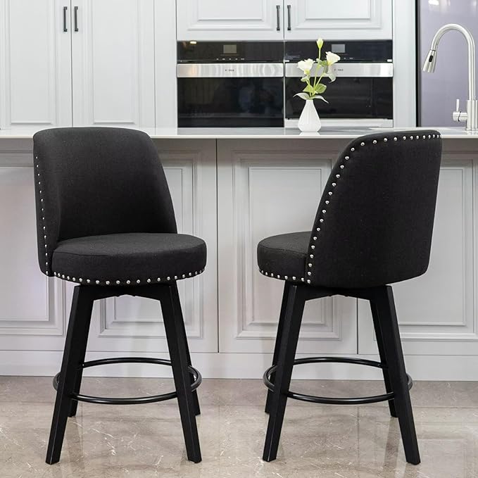 MINCETA Bar Stools Set of 4, 26 Inch Upholstered Barstools with High Back and Footrest, Swivel Counter Height Barstools for Kitchen Island Home Bar Black