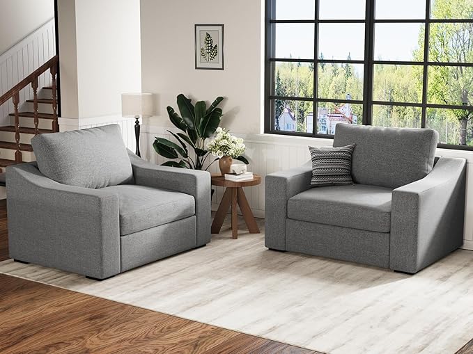ABCASA 47" W Oversized Accent Chair Set of 2, Comfy Upholstered Sofa Chair with Large Seat and Wide Armrest, Pet-Friendly Modern Lounge Armchair for Living Room/Apartment/Bedroom, Premium Linen, Grey