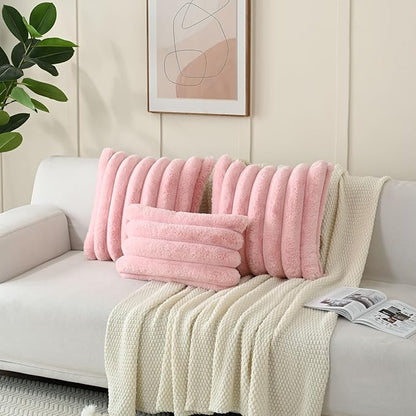 FUTEI Pink Decorative Throw Pillow Covers 20x20 Inch Set of 2, Square Soft Faux Rabbit Fur Thick Striped Cushion Cover,Winter Home Decor for Couch Bed Living Room