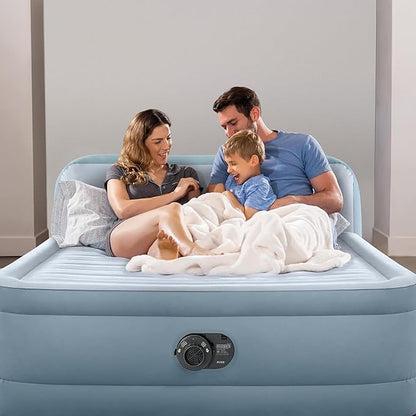 Intex 64449ED Dura-Beam Deluxe Plush Air Mattress with Headboard: Fiber-Tech - Queen Size - Built-in Electric Pump - 18in Bed Height - 600lb Weight Capacity