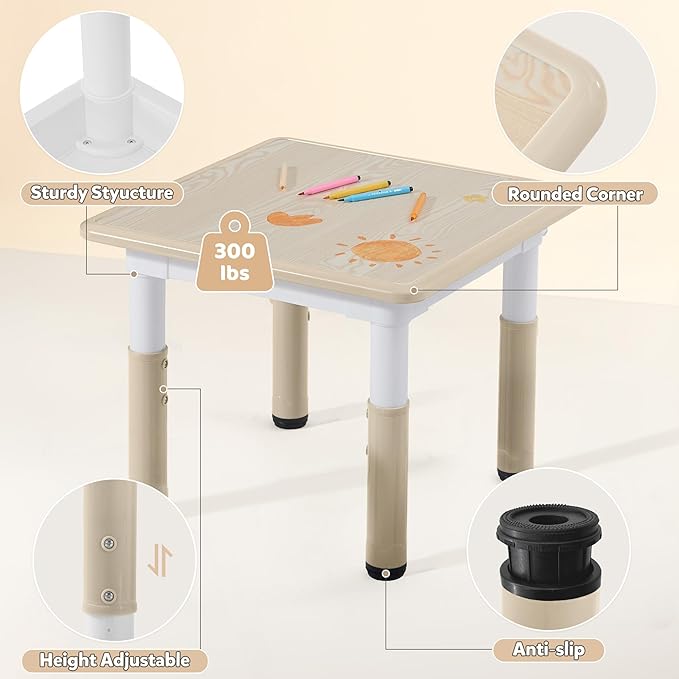 Adjustable Kids Table Chairs Set – Graffiti Desktop, Multi-Activity Height-Adjustable Toddler Study Desk for Ages 3-8 – Ideal for Home, Classroom, Daycare (W-Wood, 4 Chairs-23.6" L x 23.6" W)