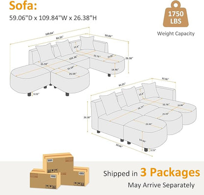 VANOMi 109.84" Modular Sectional Sofa with 3 Pillows, Convertible 5-Seater Comfy Boucle Cloud Couch with Ottoman, Modern Sectional Sofas for Living Room, Office, Apartment (Dark Gray)