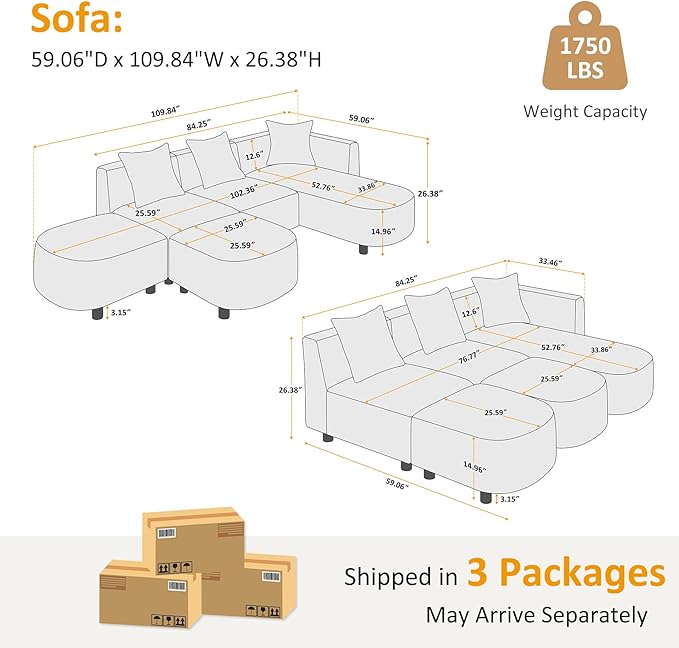 VANOMi 109.84" Modular Sectional Sofa with 3 Pillows, Convertible 5-Seater Comfy Boucle Cloud Couch with Ottoman, Modern Sectional Sofas for Living Room, Office, Apartment (Camel)