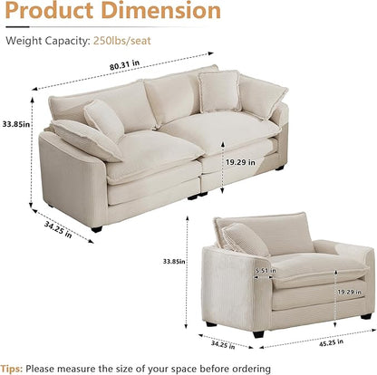 mikibama Luxury 3 Piece Sofa Set, Loveseat Couch & 2 Single Sofa Set, Modern Corduroy Comfy Cloud Couches Set for Living Room Office with 2 Armrest Pillows and 4 Toss Pillows, Beige