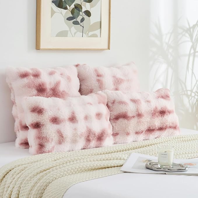 FUTEI Pink White Decorative Throw Pillow Covers 18x18 Inch Set of 2,Soft Fuzzy Faux Rabbit Fur Cushion Covers with Raised Texture,Neutral Boho Home Decor for Couch Bed Living Room