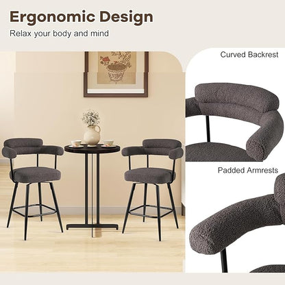 COSTWAY Counter Height Bar Stools Set of 2, 27" Swivel Modern Upholstered Counter Chairs with Boucle Fabric, Curved Backrests & Metal Legs, for Kitchen Island, Home (2, Grey + Black)