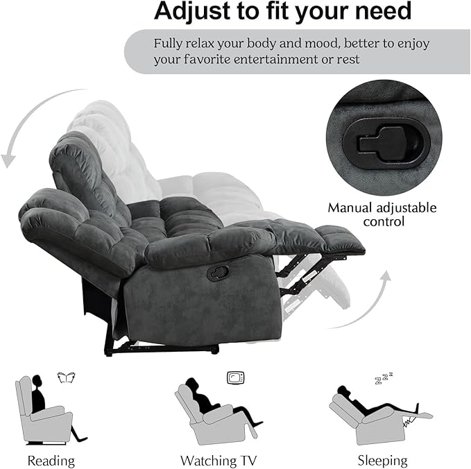 CANMOV Manual Reclining Sofa Set, 3 Pieces Sofa Set, Manual Recliner Chair, Reclining Loveseat and 3-Seat Sofa for Living Room, Furniture Set, Grey(1+2+3)