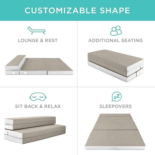 Best Choice Products 4in Portable Full-Size Mattress, Tri-Fold Mattress for Camping, Guest, Toddler, Foam Plush w/Carry Case - Taupe
