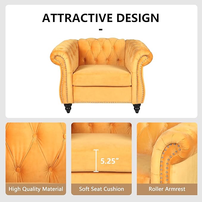 2 Piece Living Room Furniture Set, Velvet Loveseat and Chair Set, Mid Century Modern Upholstered Sofa Couch with Cushions, Comfy Tufted Chesterfield Couches for Living Room, Bedroom, Office