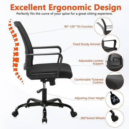 CLATINA Ergonomic Desk Chair, Mid Back Mesh Computer Chair with Lumbar Support and Armrest, Height Adjustable Swivel Chair for Home Office, Black (4PK)
